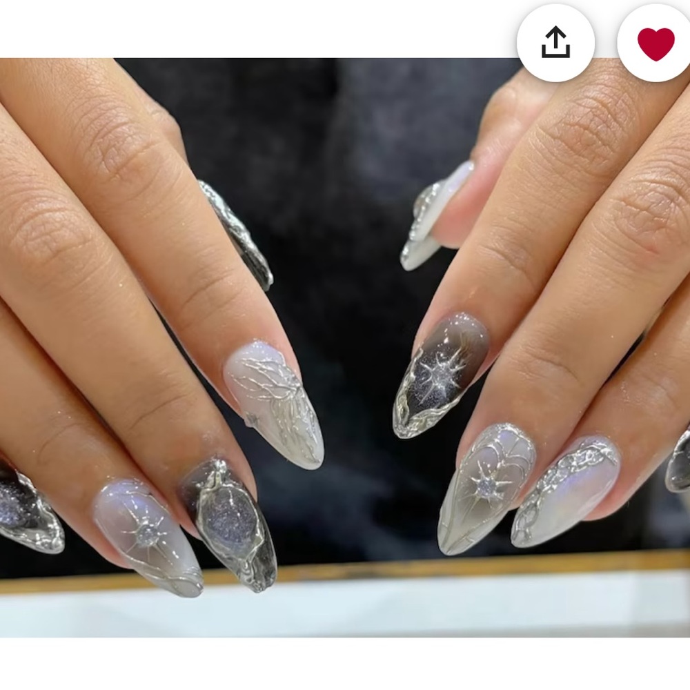 Black And White Nails |Press On Nails with Silver Design